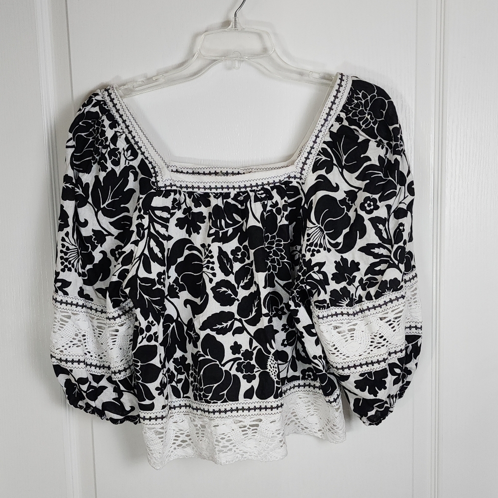 Rachel Zoe Black and White Floral Crochet Trim Peasant Blouse